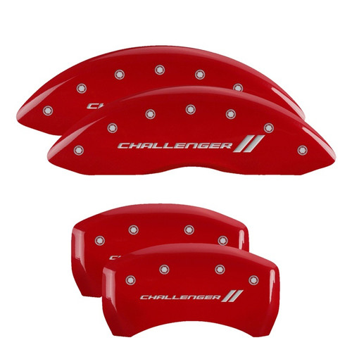 Brake Caliper Cover - Challenger Script / Stripes Logo - Aluminum - Red Powder Coat - 18 in Minimum Wheel Diameter - Chrysler LA-Body 2015-17 - Set of 4 Brake Caliper Cover - Challenger Script / Stripes Logo - Aluminum - Red Powder Coat - 18 in Minimum Wheel Diameter - Chrysler LA-Body 2015-17 - Set of 4