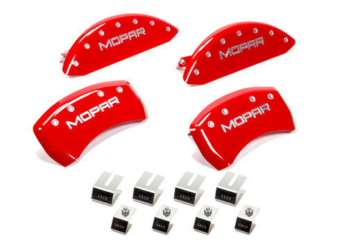 Brake Caliper Cover - Mopar Script Logo - Aluminum - Red Powder Coat - 18 in Minimum Wheel Diameter - Dodge Challenger / Charger 2011-16 - Set of 4