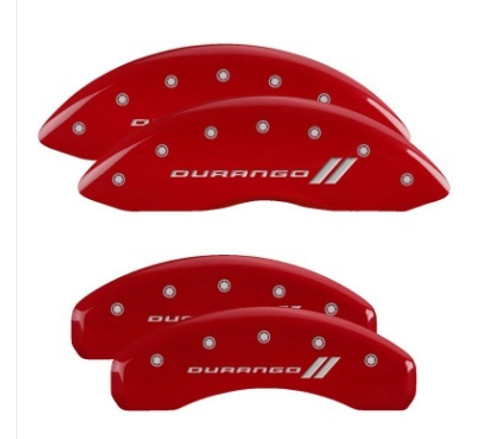 Brake Caliper Cover - Durango Script / Stripes Logo - Aluminum - Red Powder Coat - 18 in Minimum Wheel Diameter - Dodge Durango 2011-22 - Set of 4 Brake Caliper Cover - Durango Script / Stripes Logo - Aluminum - Red Powder Coat - 18 in Minimum Wheel Diameter - Dodge Durango 2011-22 - Set of 4