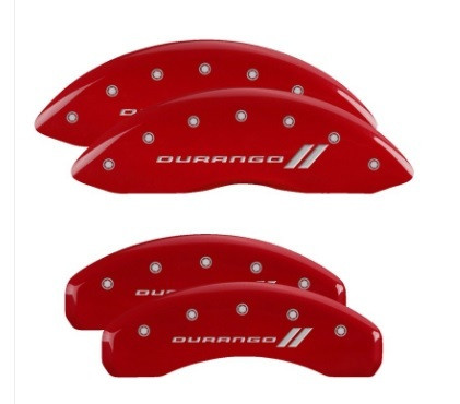 Brake Caliper Cover - Durango Script / Stripes Logo - Aluminum - Red Powder Coat - 18 in Minimum Wheel Diameter - Dodge Durango 2011-22 - Set of 4
