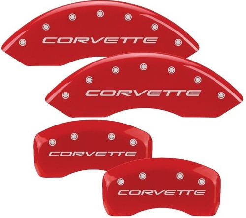 Brake Caliper Cover - Corvette Script Logo - Aluminum - Red Powder Coat - 17 in Minimum Wheel Diameter - Chevy Corvette 1997-2015 - Set of 4