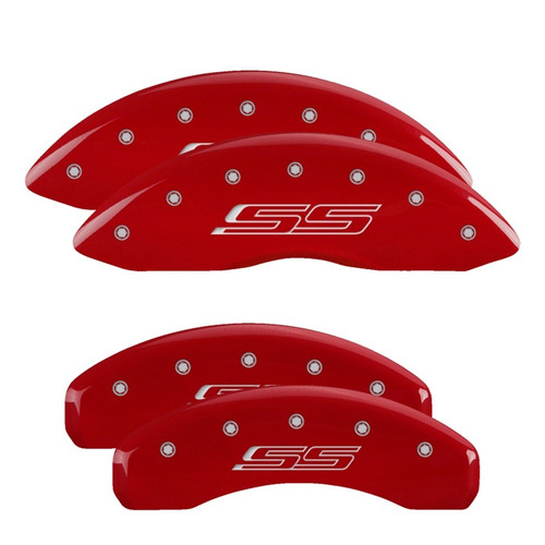 Brake Caliper Cover - SS Script Logo - Aluminum - Red Powder Coat - 18 in Minimum Wheel Diameter - SS - Chevy Camaro 2010-15 - Set of 4