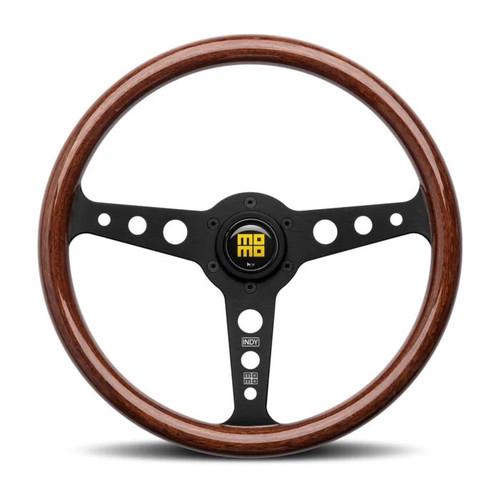 Steering Wheel - Indy Black - 350 mm Diameter - 37 mm Dish - 3-Spoke - Mahogany - Wood Grip - Aluminum - Black Anodized - Each