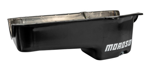 Engine Oil Pan - Stock Replacement - Rear Sump - 5 qt - 7.5 in Deep - Steel - Black Powder Coat - 1-Piece Seal - Small Block Chevy - Each