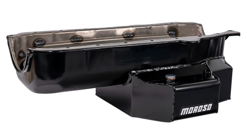 Engine Oil Pan - Oval Track - Rear Sump - 7 qt - 7.125 in Deep - Trap Door Baffles - Steel - Black Powder Coat - 2-Piece Seal - Small Block Chevy - Each