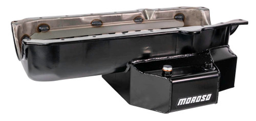 Engine Oil Pan - Oval Track - Rear Sump - 7 qt - 7.125 in Deep - Trap Door Baffles - Steel - Black Powder Coat - 1-Piece Seal - Small Block Chevy - Each Engine Oil Pan - Oval Track - Rear Sump - 7 qt - 7.125 in Deep - Trap Door Baffles - Steel - Black Powder Coat - 1-Piece Seal - Small Block Chevy - Each