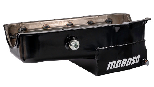 Engine Oil Pan - Oval Track - Rear Sump - 7 qt - 7.5 in Deep - Trap Door Baffle - Inspection Bung - Steel - Black Powder Coat - 2-Piece Seal - Small Block Chevy - Each