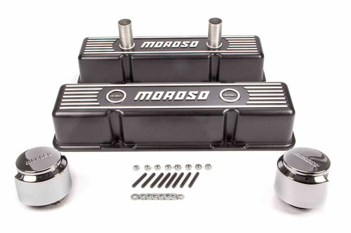 Valve Cover - Tall - Ribbed - Breather Tubes - Breathers / Hardware Included - Moroso Logo - Aluminum - Black Epoxy - Small Block Chevy - Pair Valve Cover - Tall - Ribbed - Breather Tubes - Breathers / Hardware Included - Moroso Logo - Aluminum - Black Epoxy - Small Block Chevy - Pair