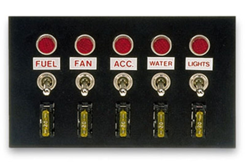 Switch Panel - Dash Mount - 6.75 x 4 in - 5 Toggles - Fused - Indicator Lights - Black - Kit