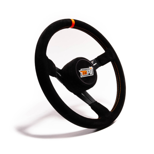 Steering Wheel - Bandolero / Legends - 13.75 in Diameter - 3.5 in Dish - 3-Spoke - Black Suede Grip - Orange Stripe - Aluminum - Black Anodized - Each