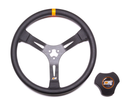 Steering Wheel - Dirt Late Model / Modified / Big-Block Modified - 15 in Diameter - 2.25 in Dish - 3-Spoke - Black Polyurethane Grip - Orange Stripe - Aluminum - Black Anodized - Each