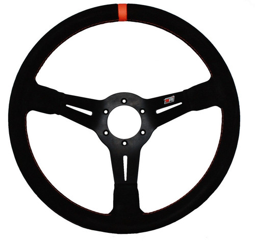 Steering Wheel - Drifting / Off-Road - 14 in Diameter - 3.25 in Dish - 3-Spoke - Black Suede Grip - Orange Stripe - Aluminum - Black Anodized - Each