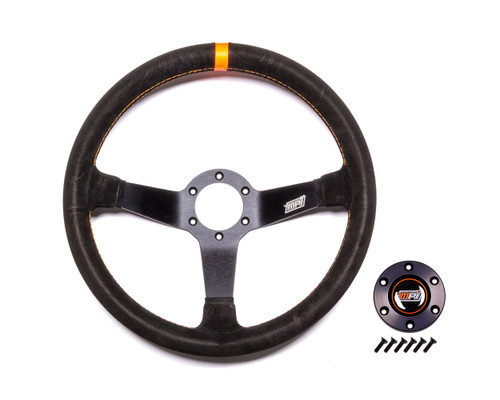 Steering Wheel - Drifting / Track Day / Rally Dirt / Off Road - 14 in Diameter - 2.36 in Dish - 3-Spoke - Black Suede Grip - Orange Stripe - Aluminum - Black Anodized - Each Steering Wheel - Drifting / Track Day / Rally Dirt / Off Road - 14 in Diameter - 2.36 in Dish - 3-Spoke - Black Suede Grip - Orange Stripe - Aluminum - Black Anodized - Each