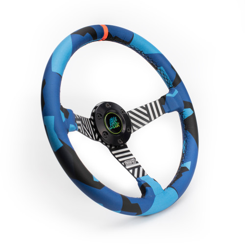 Steering Wheel - Vaughn Gittin Jr. Drift - 13.75 in Diameter - 2.36 in Dish - 3-Spoke - Black / Blue Leather Grip - Orange Stripe - Center Cap - Aluminum - Black / White Anodized - Each
