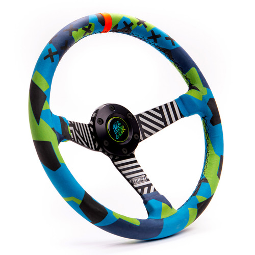 Steering Wheel - Vaughn Gittin Jr. Drift - 13.75 in Diameter - 2.36 in Dish - 3-Spoke - Black / Blue / Green Leather Grip - Orange Stripe - Center Cap - Aluminum - Black / White Anodized - Each