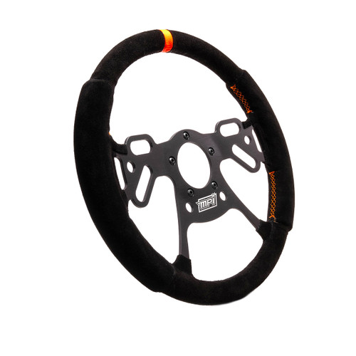 Steering Wheel - Drag Race - 13 in Diameter - Flat - 4-Spoke - Black Suede Grip - Orange Stripe - Aluminum - Black Anodized - Each