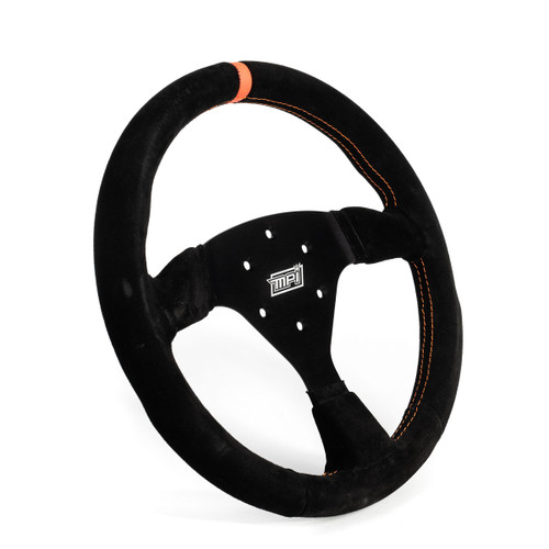Steering Wheel - Touring Car / Formula / Off Road / SXS / Drifting / Track Days - 13 in Diameter - 1.25 in Dish - 3-Spoke - Black Suede Grip - Orange Stripe - Aluminum - Black Anodized - Each