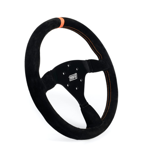 Steering Wheel - Touring Car / GT / Off Road / SXS / Drifting / Track Days - 14 in Diameter - 1.25 in Dish - 3-Spoke - Black Suede Grip - Orange Stripe - Aluminum - Black Anodized - Each