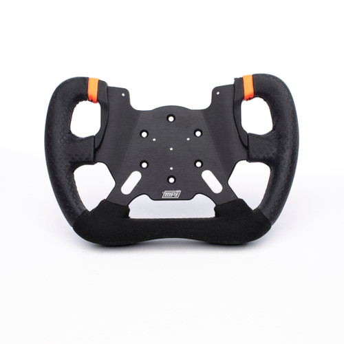 Steering Wheel - Road Course / Formula Prototype - 11 in Diameter - Cut Top - Flat - 4-Spoke - Black Alcantara Grip - Orange Stripes - Aluminum - Black Anodized - Each