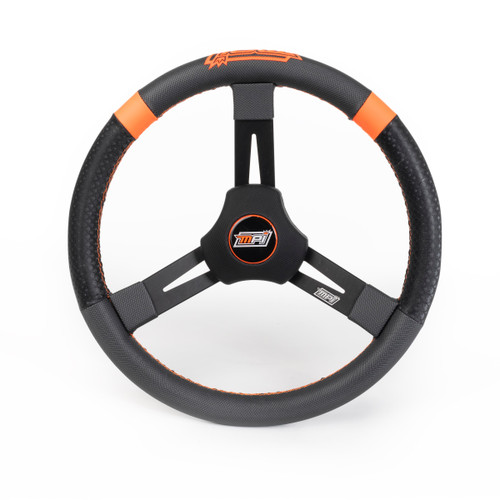 Steering Wheel - Dirt karting / Micro sprint / Mini outlaw - 15 in Diameter - 2.25 in Dish - 3-Spoke - Synthetic Grip - Orange Stripes - Aluminum - Black Anodized - Each Steering Wheel - Dirt karting / Micro sprint / Mini outlaw - 15 in Diameter - 2.25 in Dish - 3-Spoke - Synthetic Grip - Orange Stripes - Aluminum - Black Anodized - Each