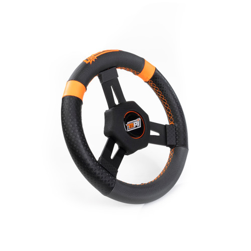 Steering Wheel - Quarter Midget - 10.75 in Diameter - 1.25 in Dish - 3-Spoke - Black Synthetic Grip - Orange Stripes - Aluminum - Black Anodized - Each Steering Wheel - Quarter Midget - 10.75 in Diameter - 1.25 in Dish - 3-Spoke - Black Synthetic Grip - Orange Stripes - Aluminum - Black Anodized - Each