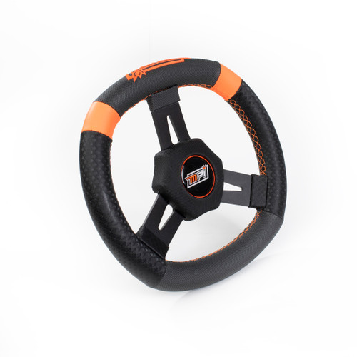 Steering Wheel - Quarter Midget - 10.75 in Diameter - Square - 1.25 in Dish - 3-Spoke - Synthetic Grip - Orange Stripes - Aluminum - Black Anodized - Each