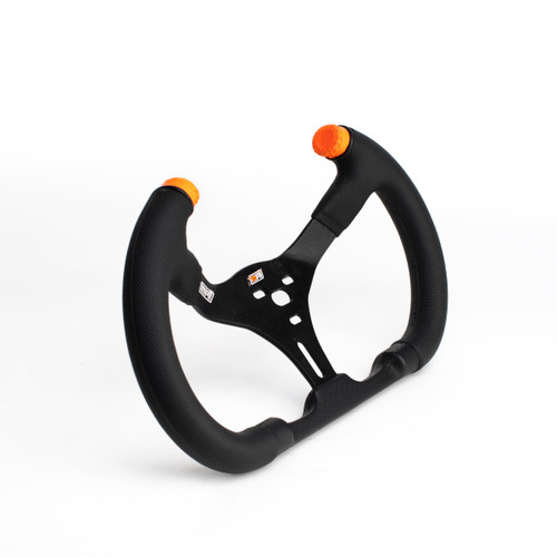 Steering Wheel - Dirt karting / Flat Go Kart - 13 in Diameter - 2.5 in Dish - 3-Spoke - Open Top - 15 Degree Tilt - Black Rubber Grip - Orange Stripes - Aluminum - Black Anodized - Each