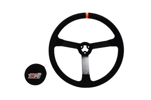 Steering Wheel - Late Model - 15 in Diameter - 3.25 in Dish - 3-Spoke - Black Suede Grip - Orange Stripe - Steel - Black Powder Coat - Each