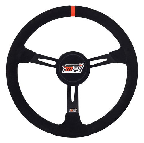 Steering Wheel - Late Model - 15 in Diameter - 3.25 in Dish - 3-Spoke - Black Suede Grip - Orange Stripe - Center Pad Included - Aluminum - Black Anodized - Each