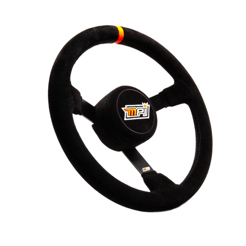 Steering Wheel - Stock Car - 13 in Diameter - 3 in Dish - 3-Spoke - Black Suede Grip - Orange Stripe - Steel - Black Powder Coat - Each