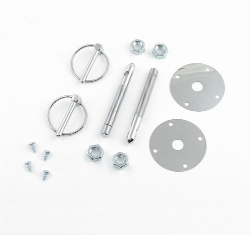 Hood Pin - Hood & Deck Pinning Kits - 0.438 in OD x 4 in Long - 2.5 in OD Scuff Plates - Torsion Clips - Hardware Included - Steel - Chrome - Kit Hood Pin - Hood & Deck Pinning Kits - 0.438 in OD x 4 in Long - 2.5 in OD Scuff Plates - Torsion Clips - Hardware Included - Steel - Chrome - Kit