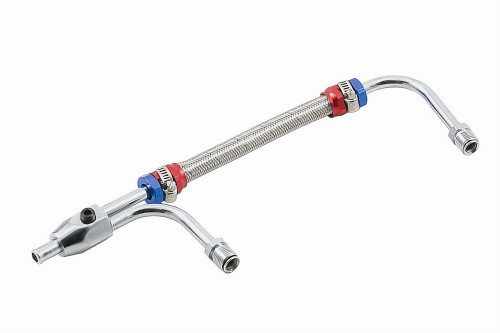 Carburetor Fuel Line - 3/8 in Hose Barb Inlet - Dual 5/8-18 in Inverted Flare Male Outlets - Adjustable - Braided Stainless - Chrome / Blue / Red - Holley 4150 / 4160 - Kit