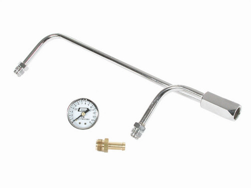 Carburetor Fuel Line - 5/8-18 in Inverted Flare Female Inlet - Dual 5/8-18 in Inverted Flare Male Outlets - Fuel Pressure Gauge - Steel - Chrome - Holley 4160 Carburetor - Kit
