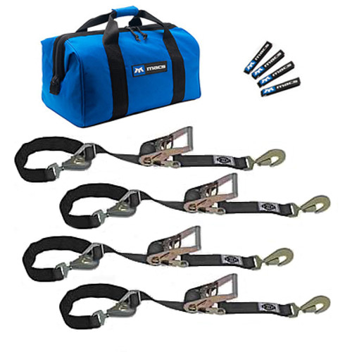 Tie Down Strap Kit - Super Pack - Four 2 x 8 ft Twisted Hook Combination Ratchet Straps - Gear Bag - Black - Kit