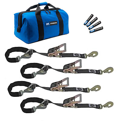 Tie Down Strap Kit - Super Pack - Four 2 x 8 ft Twisted Hook Combination Ratchet Straps - Gear Bag - Black - Kit