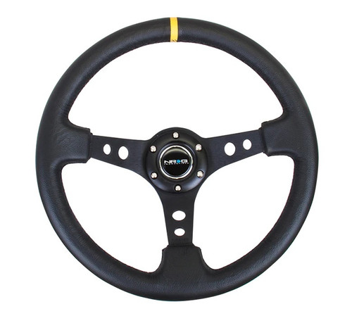 Steering Wheel - Lightweight - 350 mm Diameter - 75 mm Dish - 3-Spoke - Black Leather Grip - Yellow Stripe - Aluminum - Black Anodized - Each