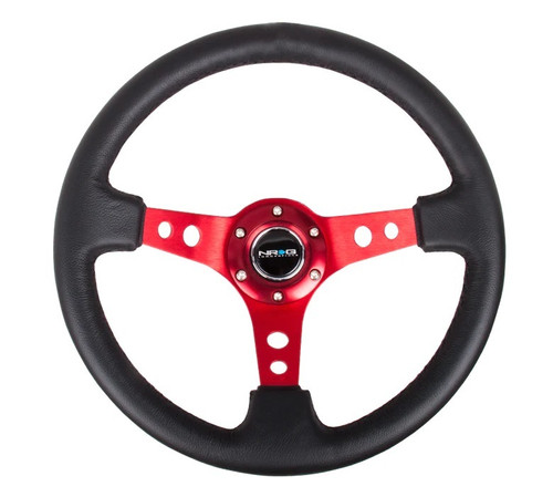 Steering Wheel - Lightweight - 350 mm Diameter - 75 mm Dish - 3-Spoke - Black Leather Grip - Aluminum - Red Anodized - Each