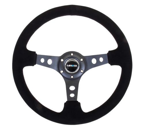 Steering Wheel - Lightweight - 350 mm Diameter - 75 mm Dish - 3-Spoke - Black Suede Grip - Aluminum - Black Anodized - Each