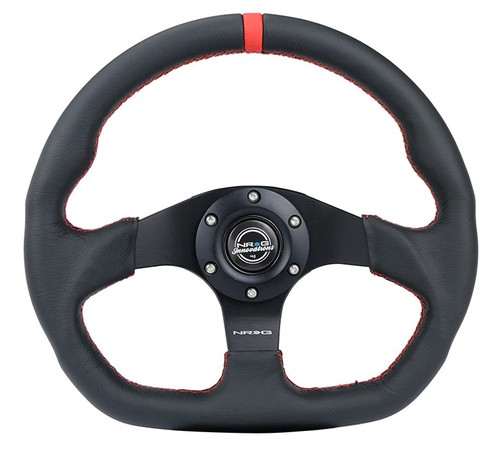Steering Wheel - Lightweight - 320 mm Diameter - D-Shaped - Flat - 3-Spoke - Black Leather Grip - Red Stripe - Aluminum - Black Anodized - Each