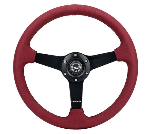 Steering Wheel - Lightweight - 350 mm Diameter - Flat - 3-Spoke - Burgundy Alcantara Grip - Aluminum - Black Anodized - Each