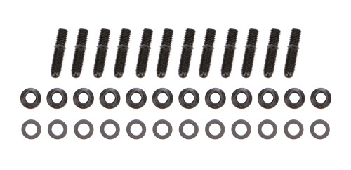 Header Stud - 3/8-16 and 3/8-24 in Thread - 1.675 in Long - Nuts Included - Broached - Steel - Black Oxide - Small Block Chevy - Set of 12