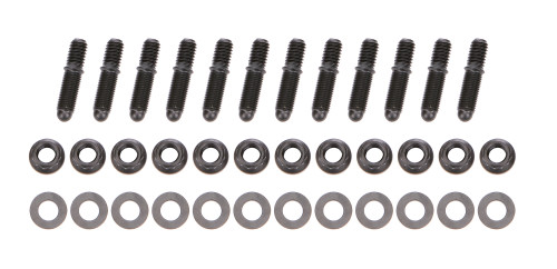 Header Stud - 3/8-16 and 3/8-24 in Thread - 1.675 in Long - Nuts Included - Broached - Small Journal - Steel - Black Oxide - Small Block Chevy - Set of 12