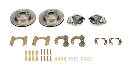 Brake System - Econo - Disc Conversion - Rear - 1 Piston Caliper - 11.25 in Slotted / Dimpled Iron Rotors - Mechanical E-Brake - Iron - Natural - GM Metric - Ford 9 in - Kit