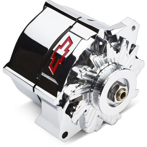 Alternator - Slant-Edge - 100 amps - 12V - 1-Wire - Internal Regulator - Single V-Belt Pulley - Chevy Bowtie Logo - Steel Case - Chrome - Each Alternator - Slant-Edge - 100 amps - 12V - 1-Wire - Internal Regulator - Single V-Belt Pulley - Chevy Bowtie Logo - Steel Case - Chrome - Each