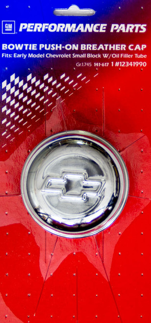 Breather - Push-In - Round - 1.82 in Tube - Chevy Bowtie Logo - Steel - Chrome - Each
