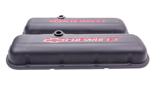 Valve Cover - Short - Baffled - Breather Hole - Chevrolet Bowtie Logo - Steel - Black Crinkle Paint - Big Block Chevy - Pair