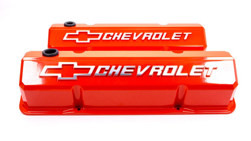 Valve Cover - Slant-Edge - Tall - Baffled - Breather Hole - Raised Chevrolet Bowtie Logo - Aluminum - Orange Powder Coat - Small Block Chevy - Pair