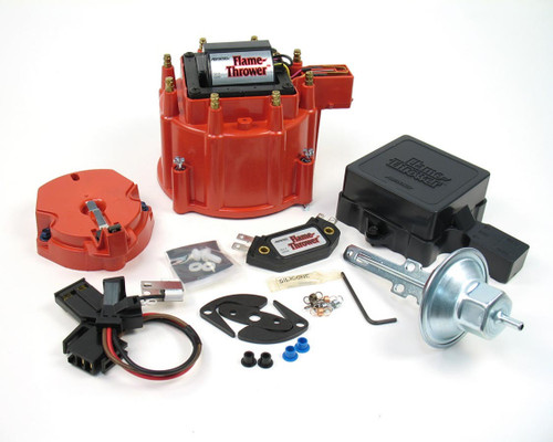 Distributor Tune Up Kit - Flamethrower - Cap / Coil / Module / Rotor / Vacuum Advance / Vacuum Canister - Red - Chevy / Cadillac V8 - Kit
