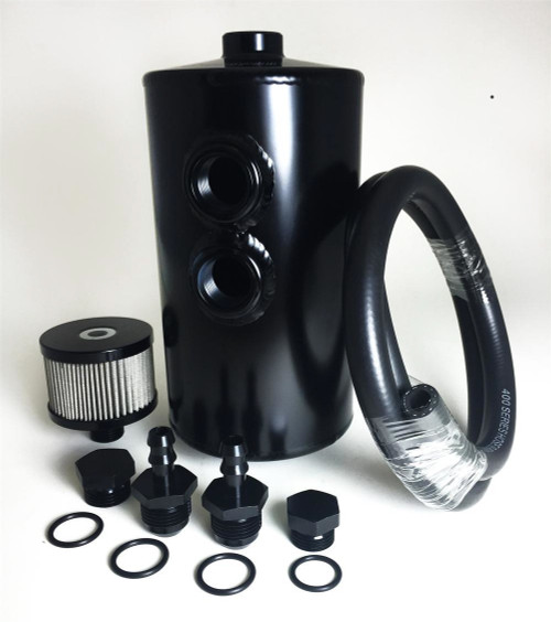 Breather Tank - Bolt-On - 101.6 mm Diameter x 210.64 in Tall - 24 oz - Dual 10 AN O-Ring Female Inlet - Breather / Fittings / Hose Included - Aluminum - Black Anodized - Each