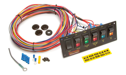 Switch Panel - Dash Mount - 8.75 x 3 in - 1 Momentary Rocker / 3 Rockers / 2 3-Way Position Rockers - Indicator Lights - Harness - Black - Kit